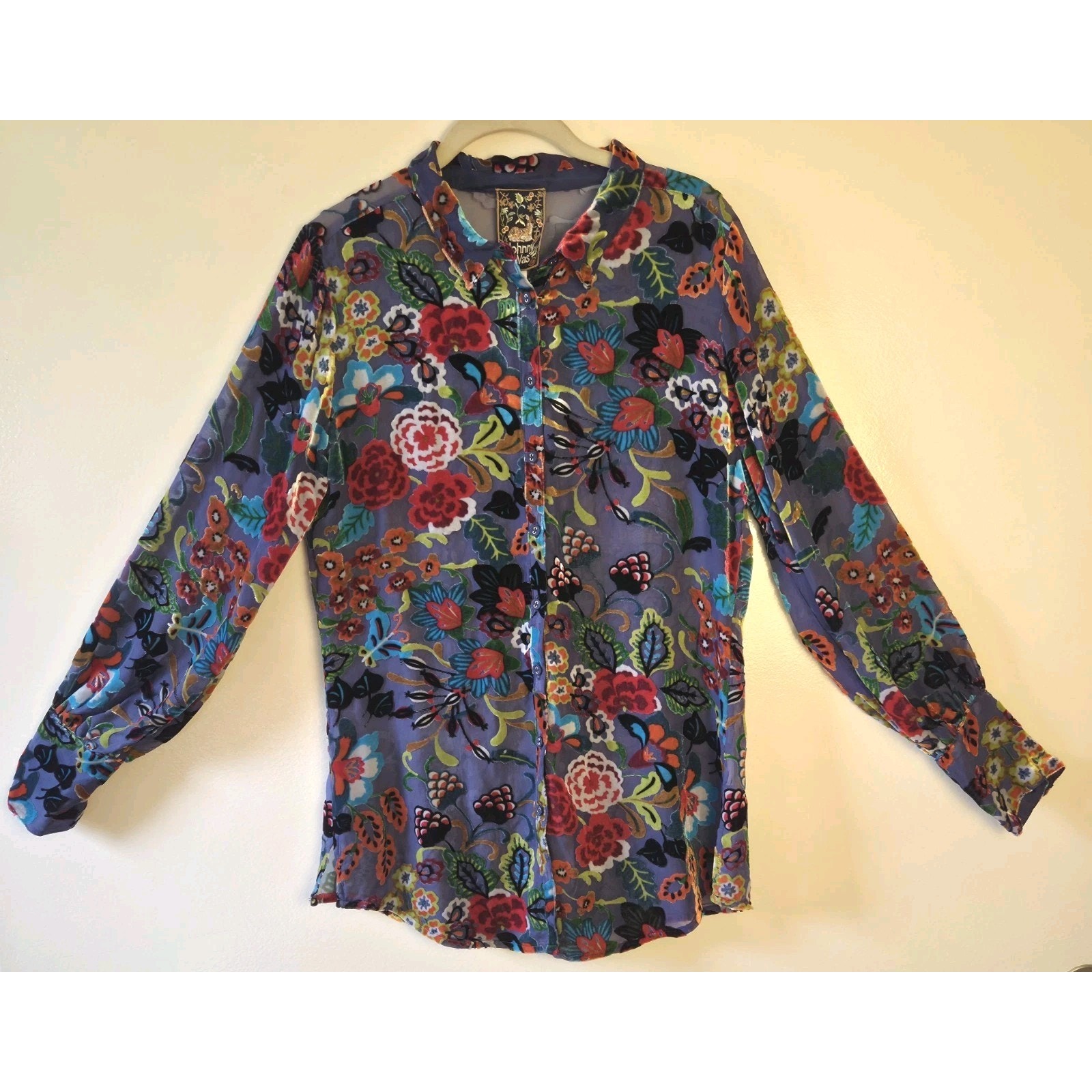 Johnny Was Blouse Minto Yrene Velvet Burnout Size M Sheer Colorful Boho Hippie
